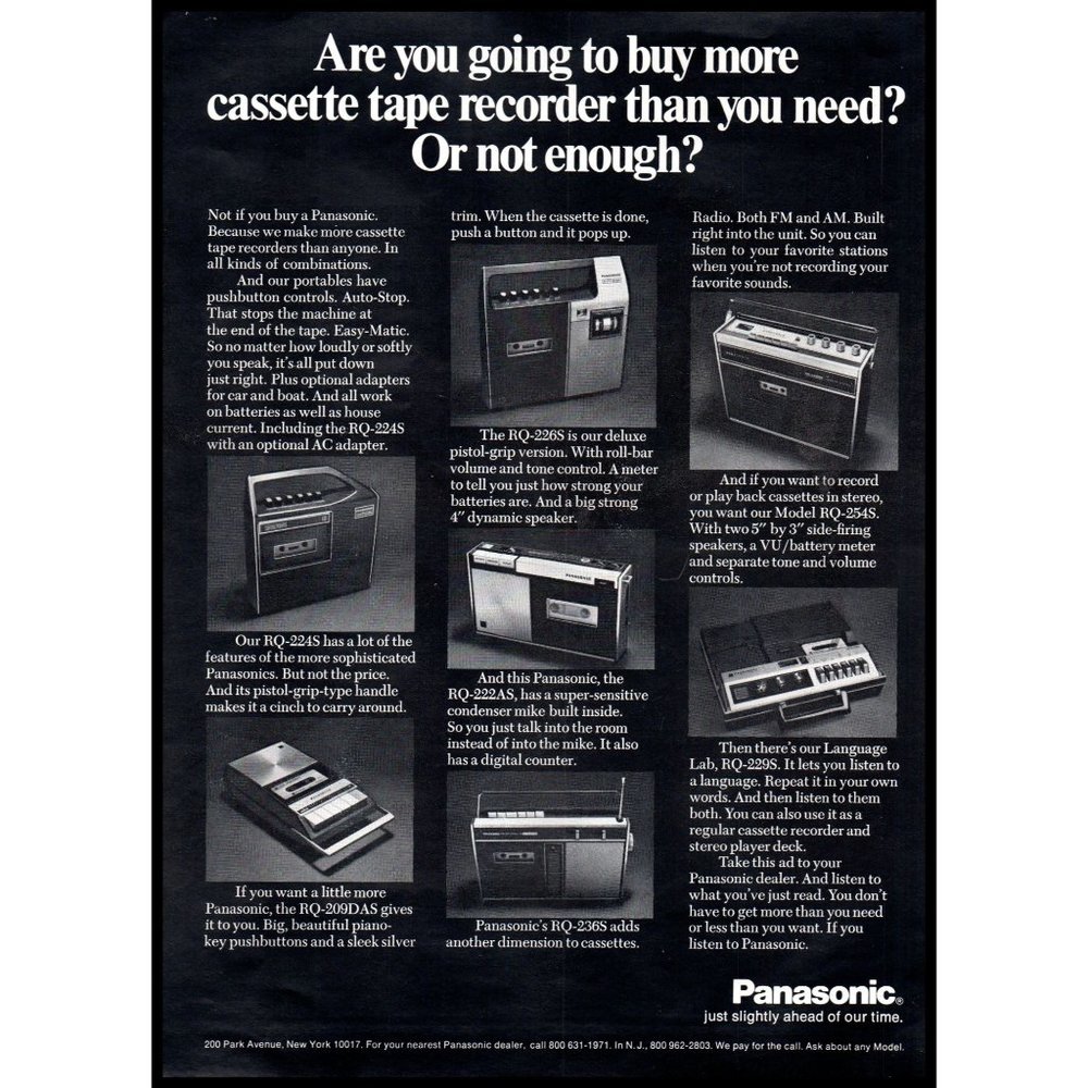 1971 Panasonic Portable Tape Deck Cassette Vintage Print Ad 70s Tech Wall Art